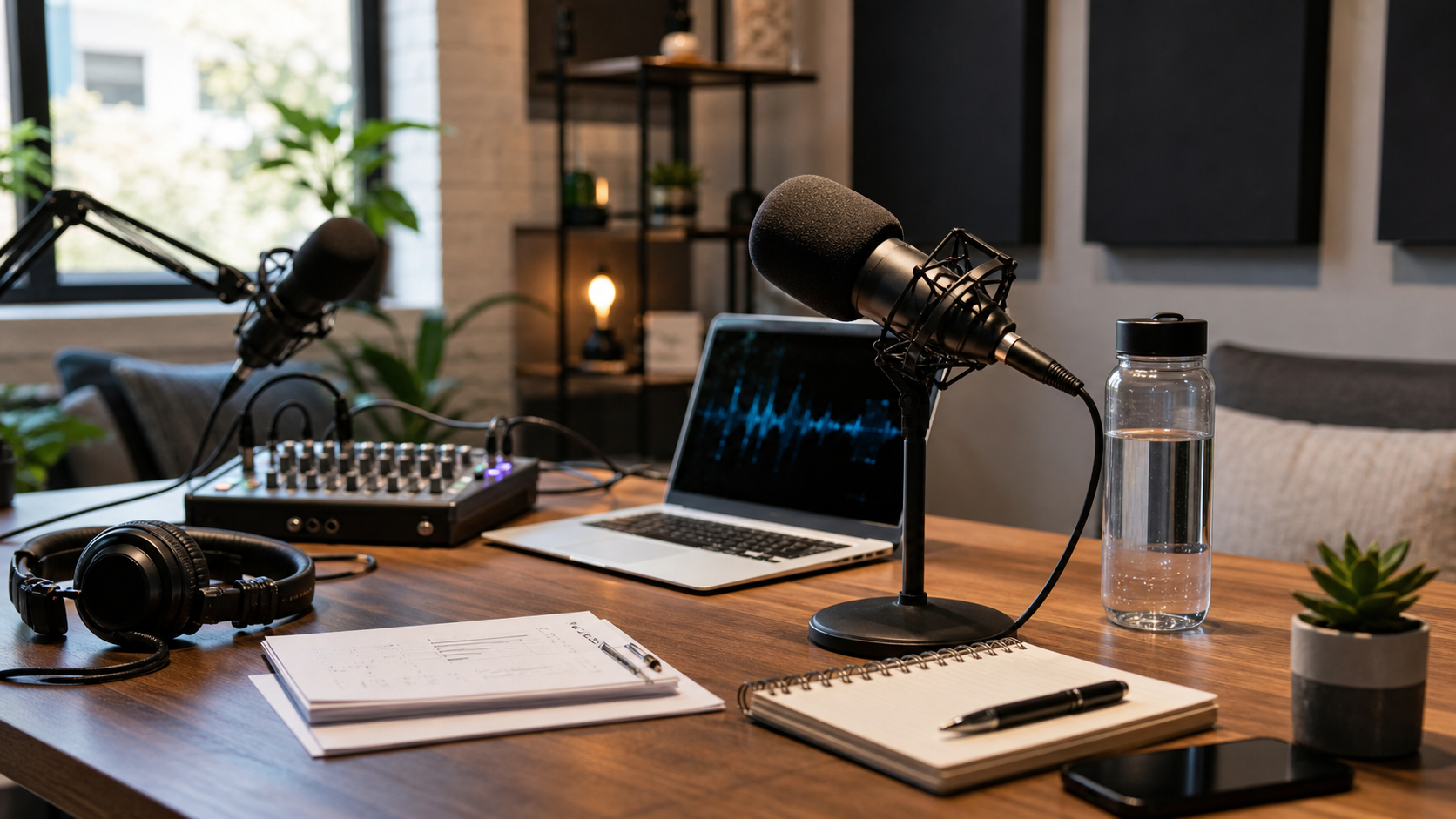 Wellness podcast recording desk